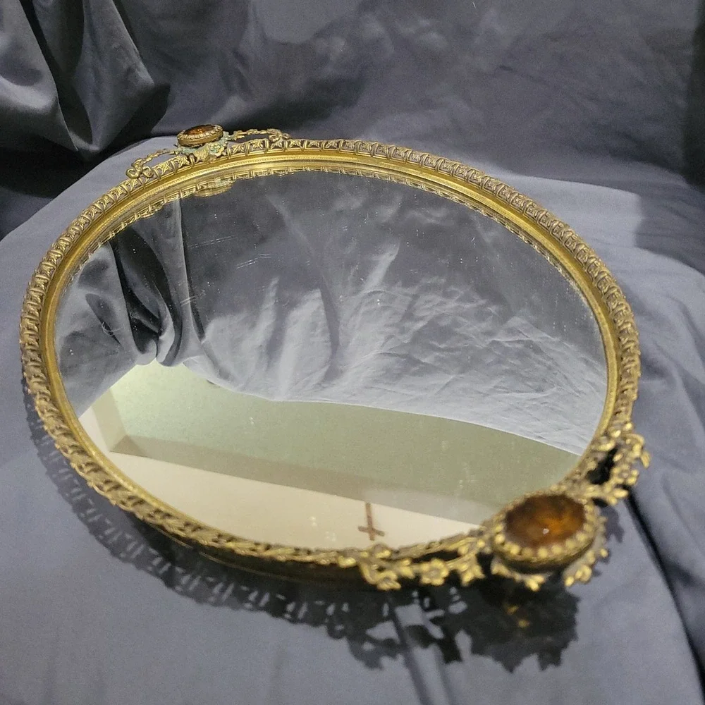 Vtg Matson MCM Gold Metal Vanity Tray Mirror Floral Roses Filigree Lace Amber